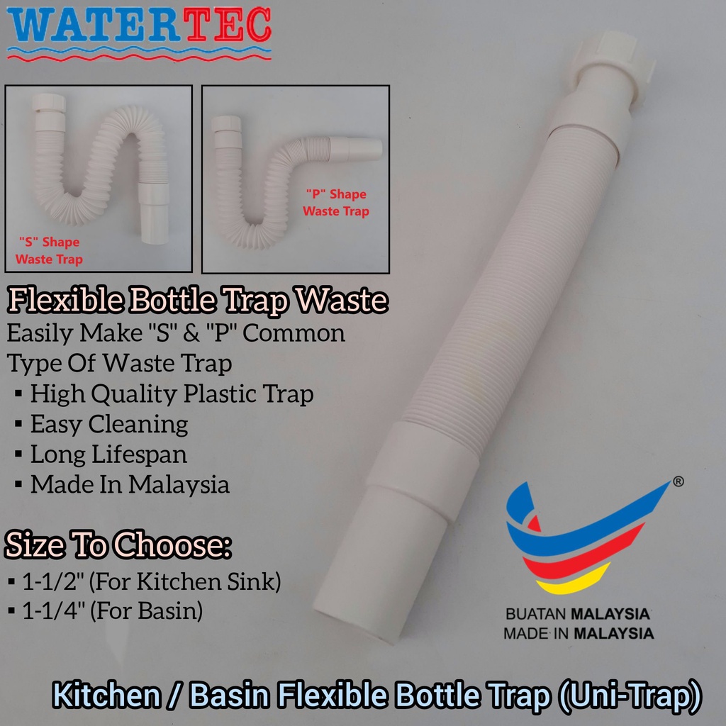 PVC Flexible Bottle Trap For Kitchen Sink Or Basin In Toilet Bathroom