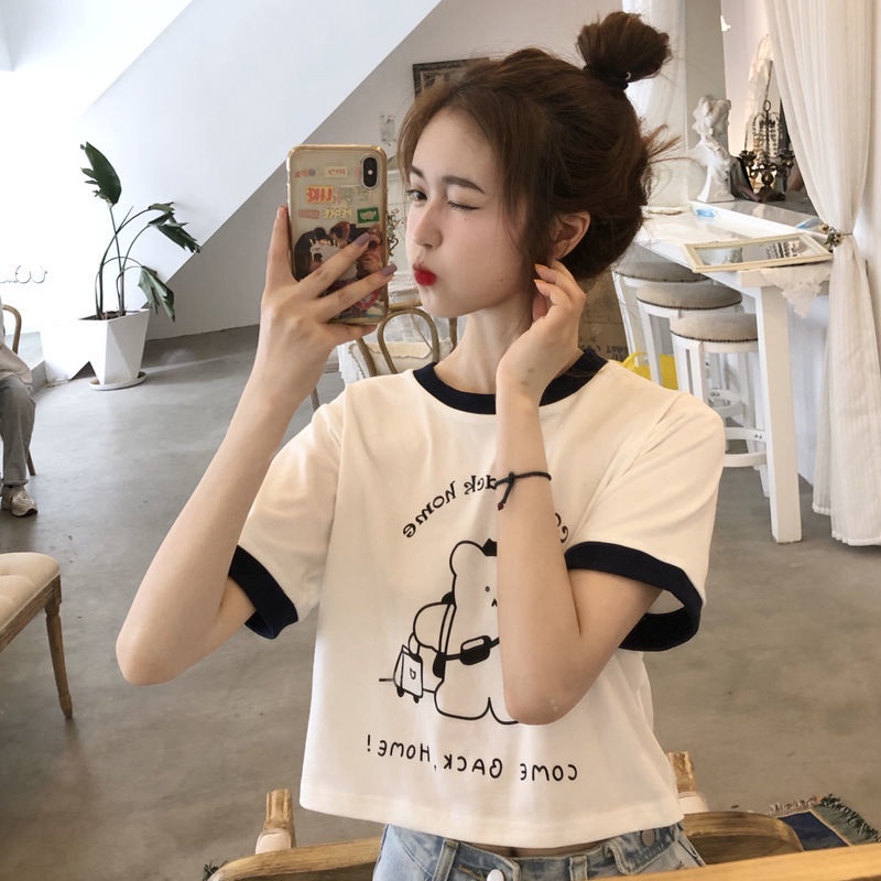 Ready Stock Women's Summer Girlfriends Clothing Korean Version Baju Raya Cute Color Matching Round Neck Little Bear Student Short-Sleeved t-Shirt Top Women