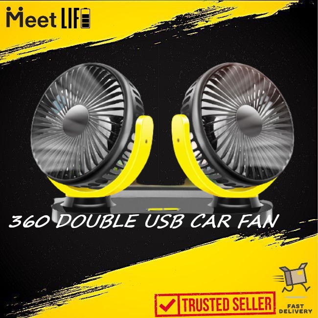 READY STOCK USB Fan Car Fans 360°Double Head Rotating Car Fan Desktop Fan Truck Fan Van Fan 3 Speed Portable Fan 12V 24V