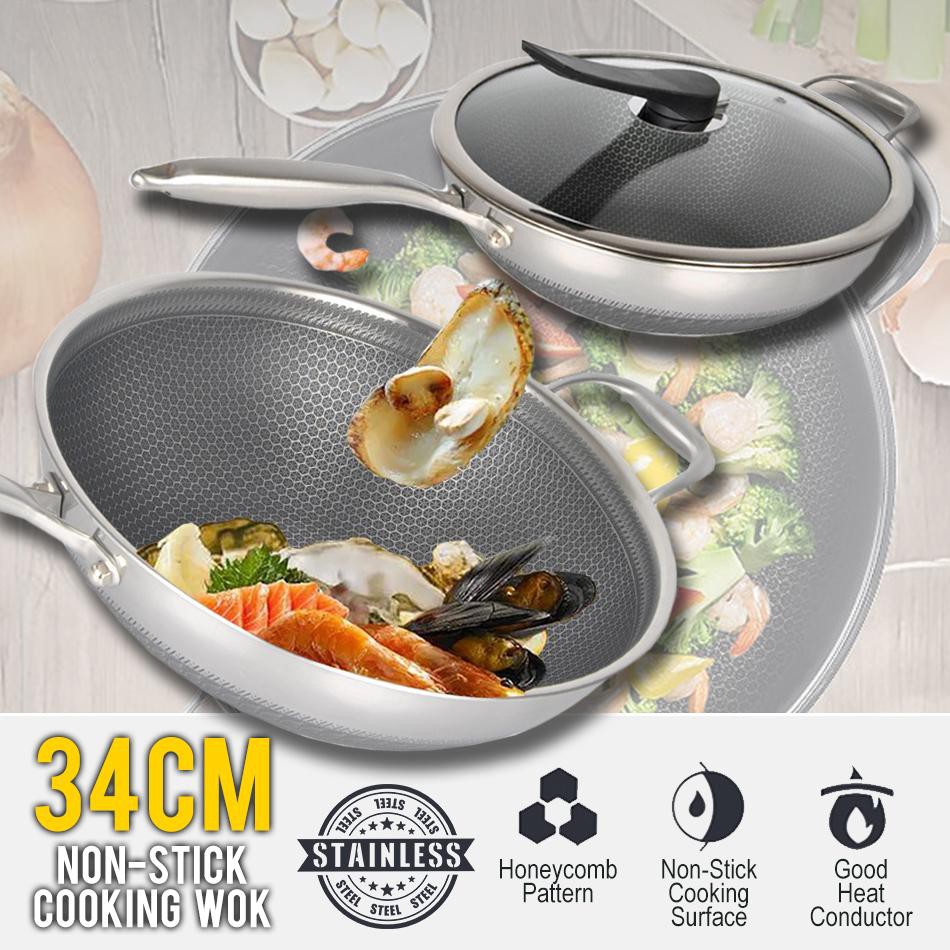34cm Stainless Steel Non Stick Double Sided Honeycomb Cooking Frying Pan Wok 