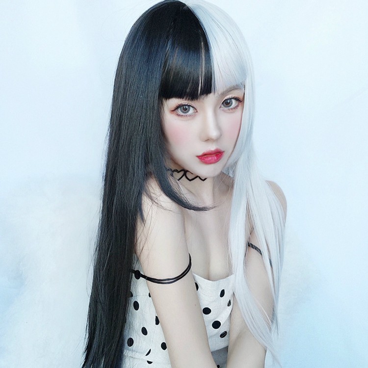 Two Element Anime Cosplay Fake Hairstyle Half Black Half White Fake Hair Persona