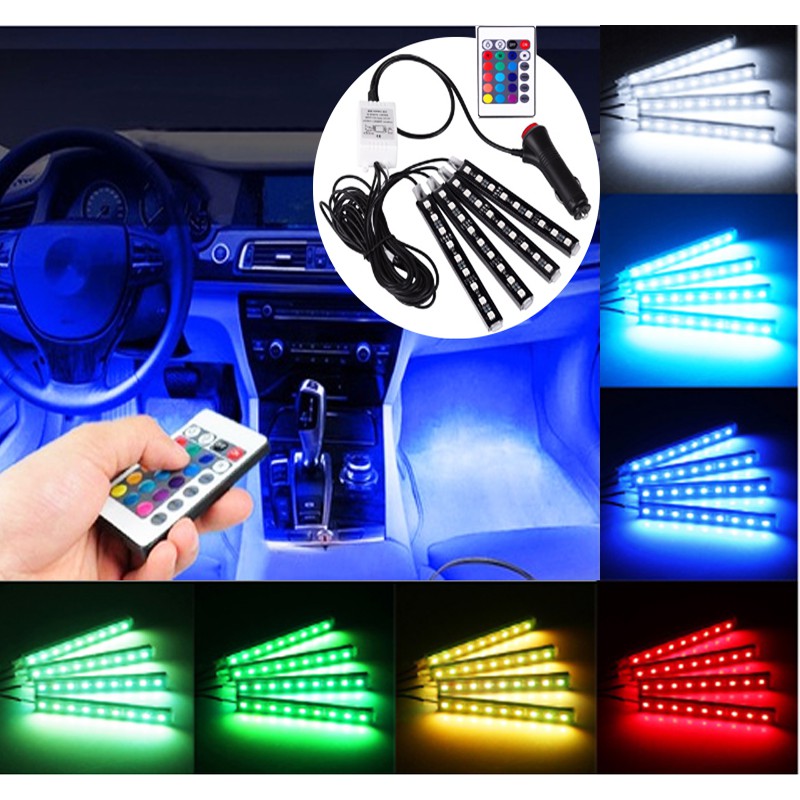 4pcs Car Interior Led Strip Lights 12cm Each 12v With Car Charger Rgb Controller