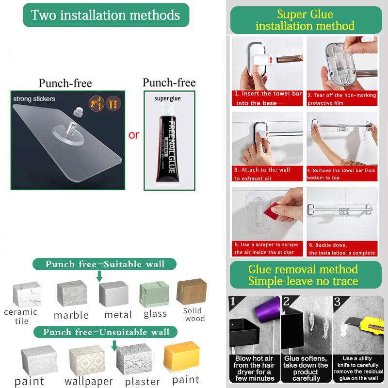 Versatile Multi KAKUGU Towel Bar Sticker Hand Stainless Steel Holder Dish Cloths Hanger Wall Mount punch Bathroom Kitche - Image 5