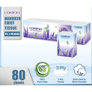 Carina Handkerchief Tissue 3ply x 8's x 10packs (Unscented)
