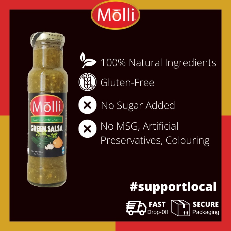 MOLLI Green Salsa 180ml Mexican Hot Sauce/ Spicy Citrusy Low Carb/ Diet/ No Sugar /Healthy/ Muslim Friendly