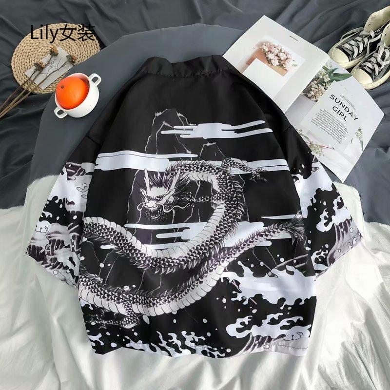 Domple Mens Top Open Front 3//4 Sleeve Solid Color Chinese Style Kimono Shirt