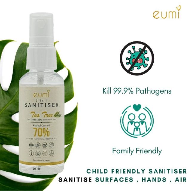 Kid Friendly Kkm Approved 50ml Japan Eumi 3 In 1 Hand Sanitiser Food Grade Alcohol Natural Ingredients Tea Tree Oil Shopee Malaysia