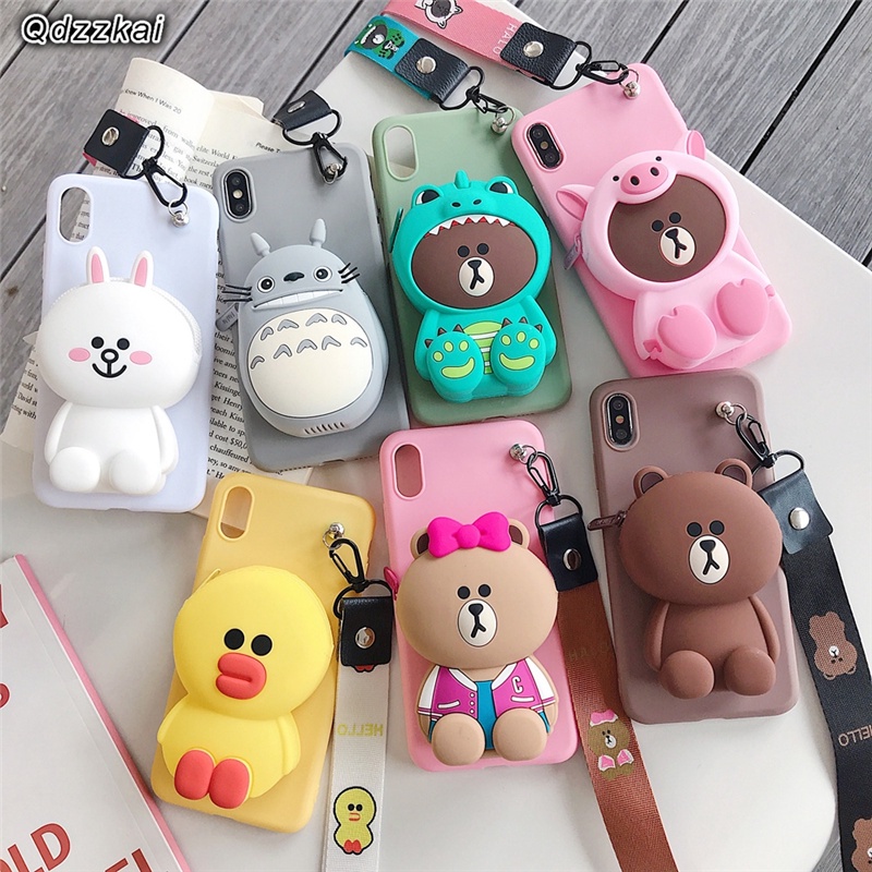 3D Bear Zipper Bag Casing Vivo V2026 V2029 V2043 1906 1901 1902 1904 Cute Cartoon Totoro Dinosaur Duck Wallet Strap Phone Cover Case