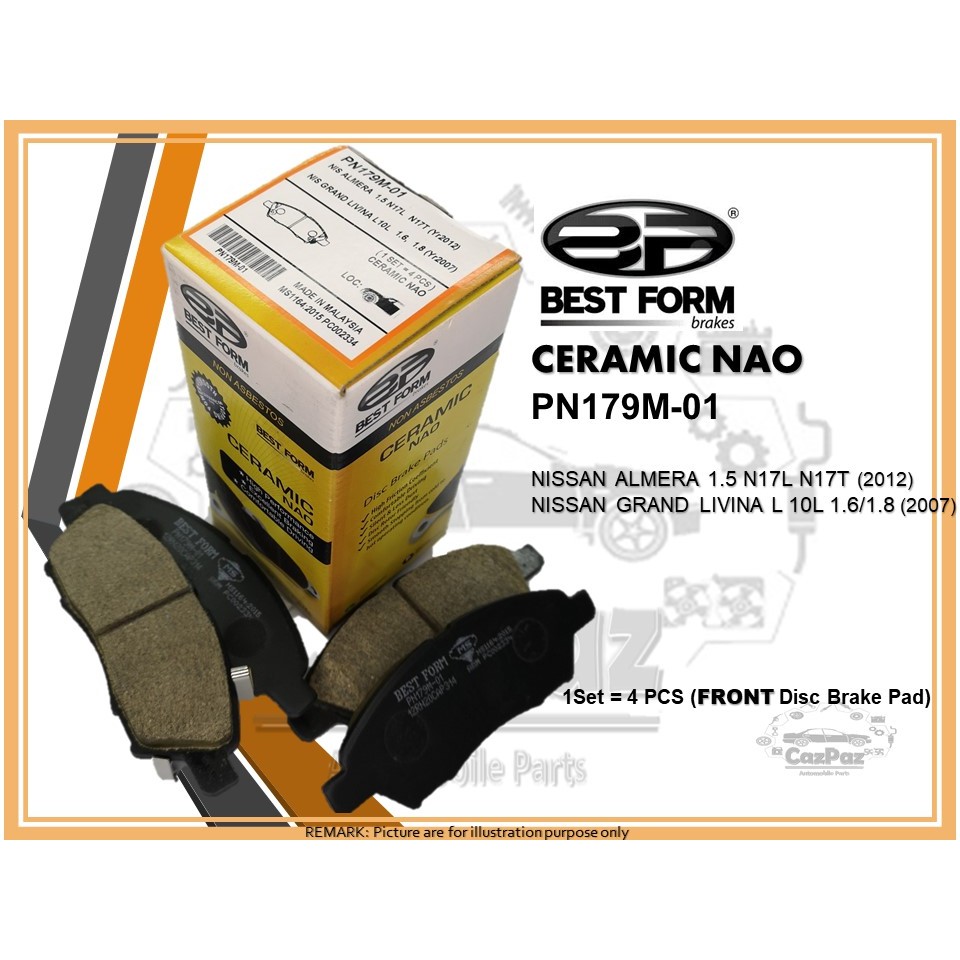 BEST FORM CERAMIC NAO FRONT BRAKE PAD (PN179M-01) NISSAN ALMERA 1.5 N17L, N17T (2012), GRAND LIVINA L 10L 1.6/1.8 (2007)