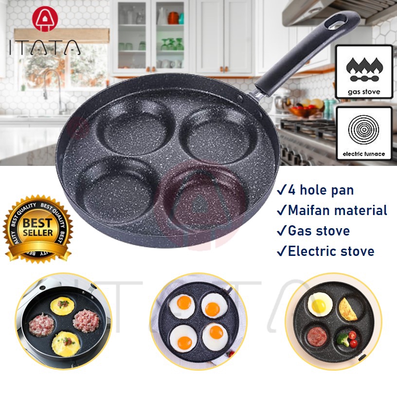 JEJUWE Maifan Stone 4-Hole Pancake & Egg Pan - Nonstick Omelette Maker With Removable Wood Handle