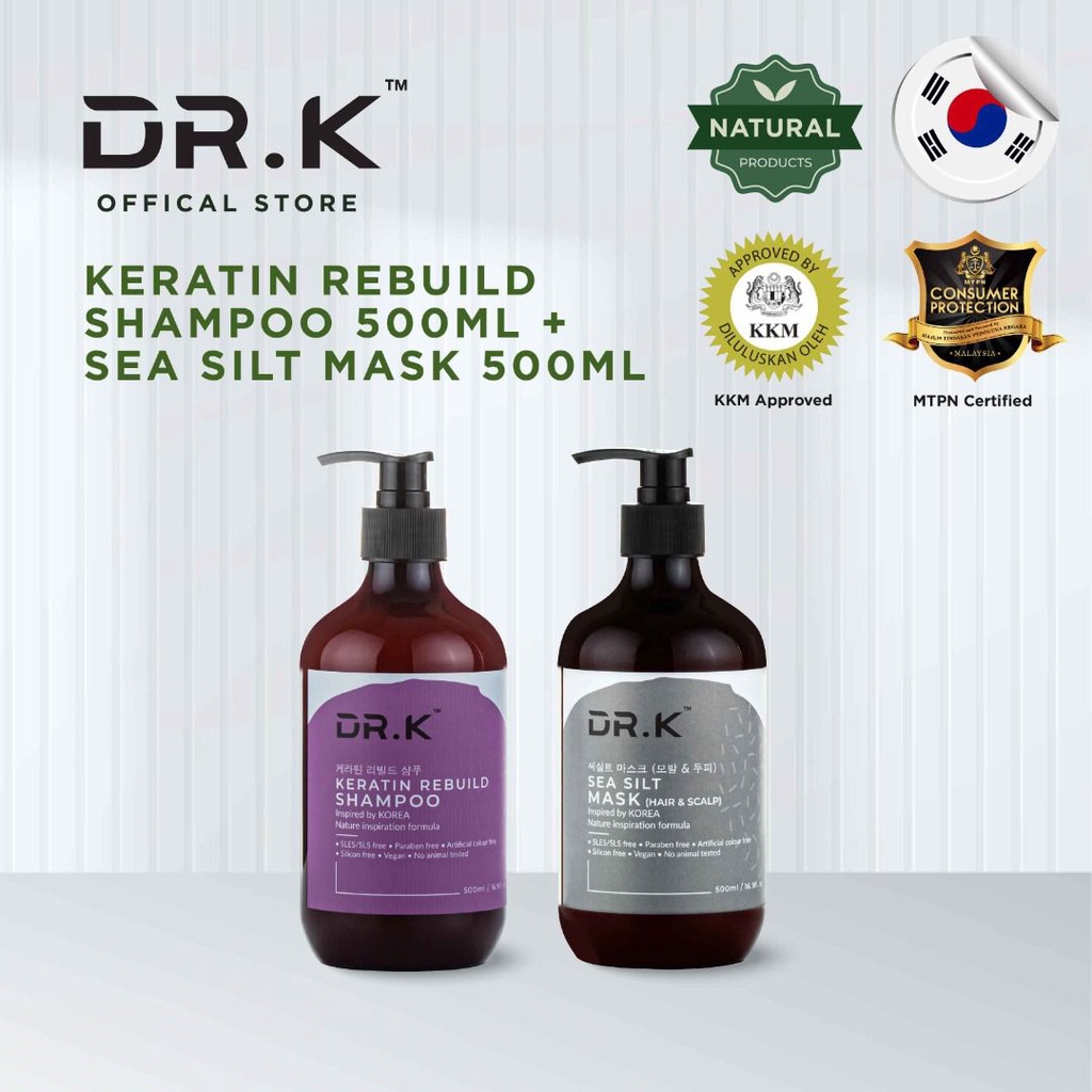 DR.K Keratin Rebuild Shampoo 500ml + DR.K Sea Silt Mask 500ml Shopee