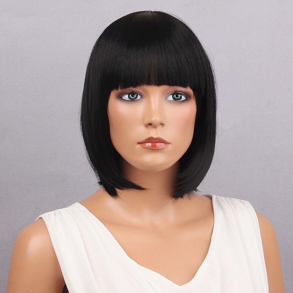 Women Short Straight Full Bangs Bob Hairstyle Synthetic Hair Full Wig