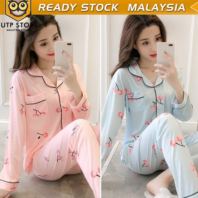UTP Reday Stock Neck Satin Pajamas Set Long Sleeve Baju Tidur Silk Sleepwear Women Bajy Nightwear