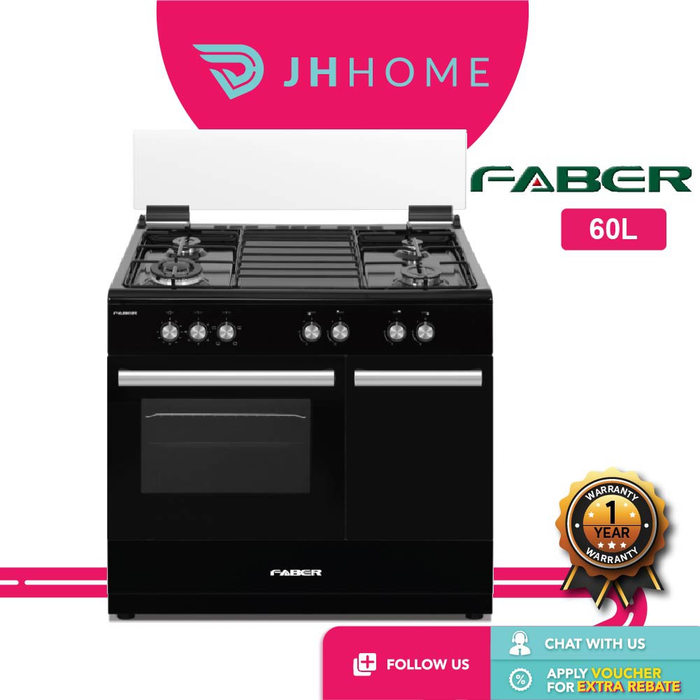 Faber Fisso 4 Burners Shiny Black Free Standing Cooker Gas Cooker With Single Knob Gas Oven (60 L) 9840G/Bk