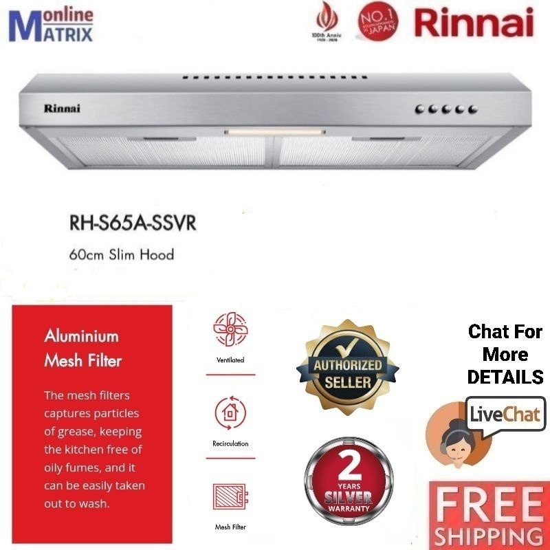 Rinnai RH-S65A-SSVR 60cm Slim Hood RHS65ASSVR Cooker Hood