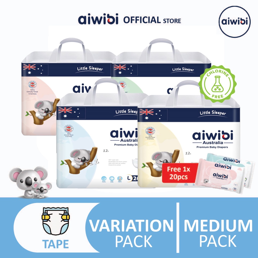 Aiwibi Premium Natural Tape Diaper - Size NB / S / M / L / XL [Medium ...