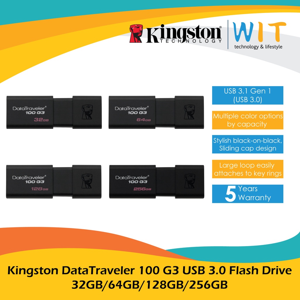 Kingston DataTraveler 100 G3 USB 3.0 Flash Drive - 32GB/64GB/128GB/256GB