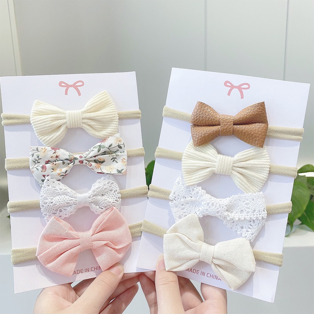 4 Pcs/Set Raya Baby Infant Printed Floral Hair Bows Headband Lace Leopard Hair Accessories for Toddler