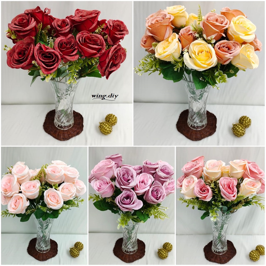 [READY STOCK] ARTIFICIAL 9 HEADS BIG ROSE FLOWER BOUQUET/ HIASAN 9 ...