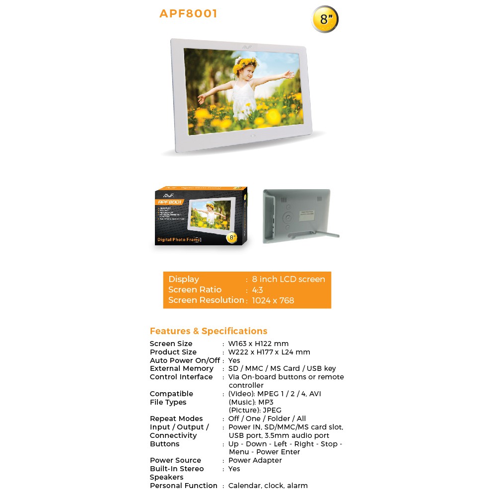 AVF APF8001 8 INCH AVF DIGITAL PHOTO FRAME WITH 3.5MM AUDIO PORT