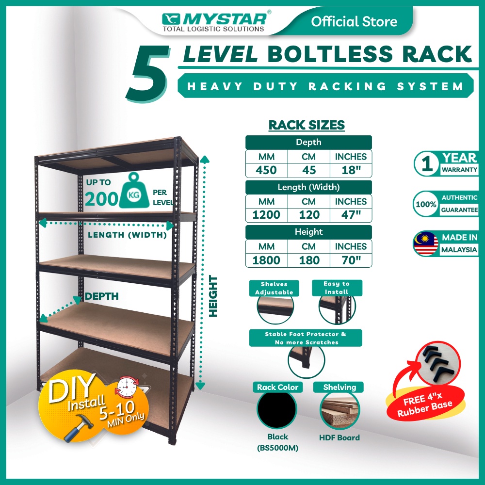 MYSTAR Boltless Rack 45 x 120 x 180 cm 5 Tier BLACK Rack Besi Papan