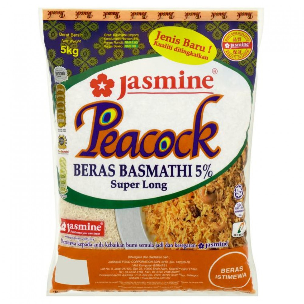 Jasmine Peacock Beras Basmathi 5% Super Long 5kg | Shopee ...