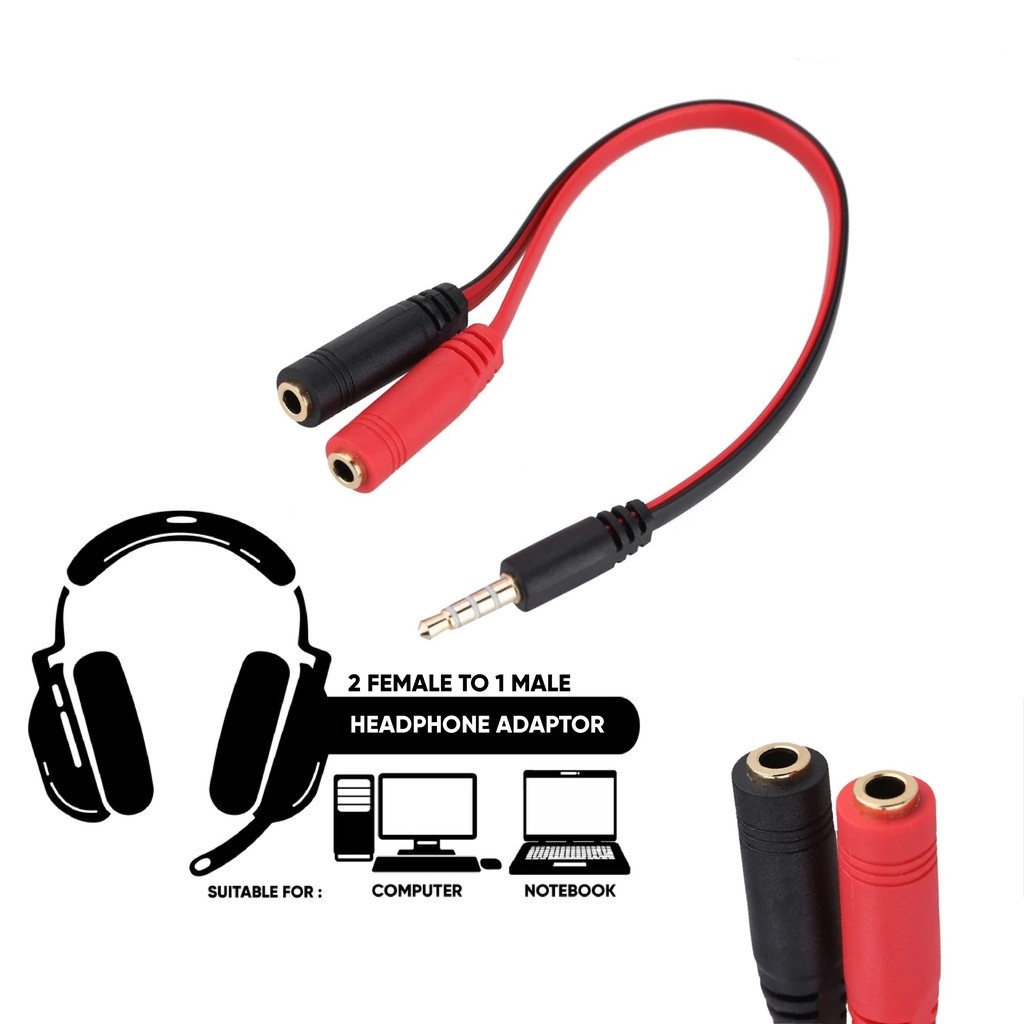 BG Splitter Stereo 3.5mm 2 Female to 1 male Cable Audio Jack Mic