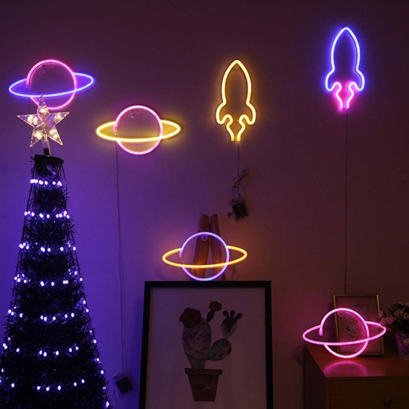 LED Sign Neon Light USB Night Lights Colorful Planet Rocket Wall Hang Lamp Birthday Party Home Room decoration Indoor Lighting