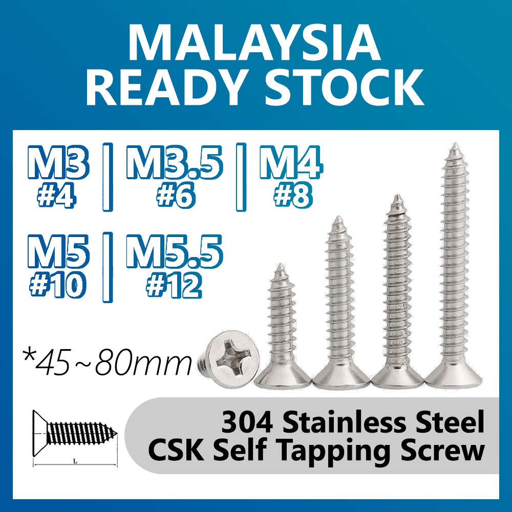 M3 M3.5 M4 M5 CSK Self Tapping Screw 304 Stainless Steel 4580mm Flat