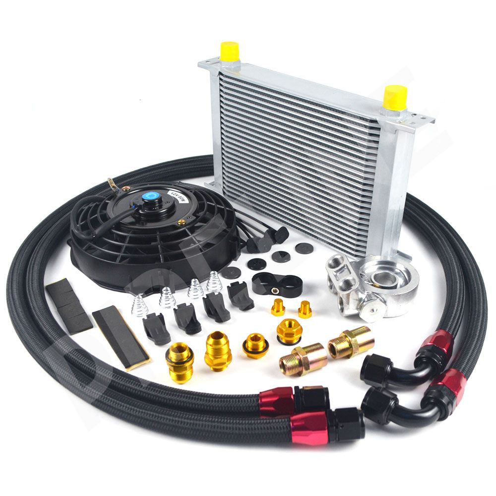 30 ROW AN10 Universal Engine Aluminum Oil Cooler Kit Oil Filter Adapter Kit 7 Electric Cooling Fan 