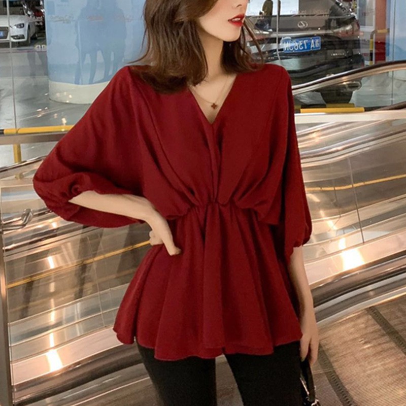 women Korea  Fashion baju  kemeja wanita  V neck 3 4 sleeve 