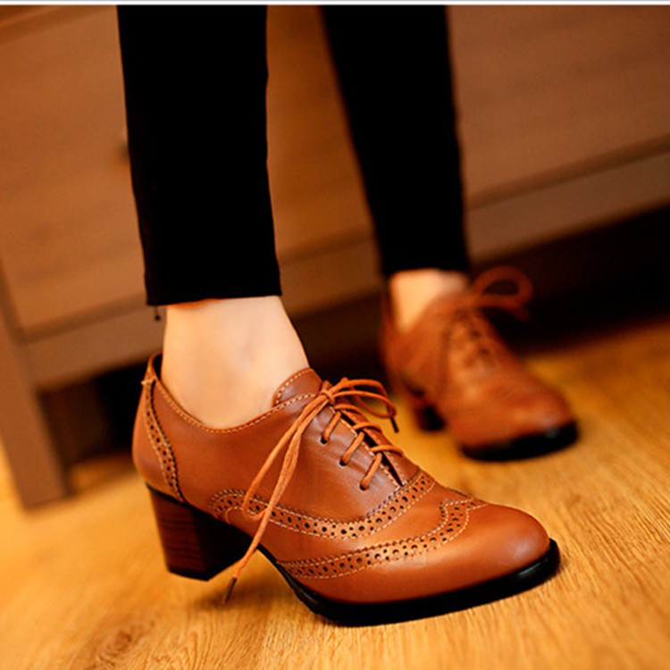 Beauty Women's Pump Shallow Brogue Shoe Vintage Chunky Heel Cut Out Oxford Shoes Woman Lace Up Female Fashion Elegant Ladies Short Boot