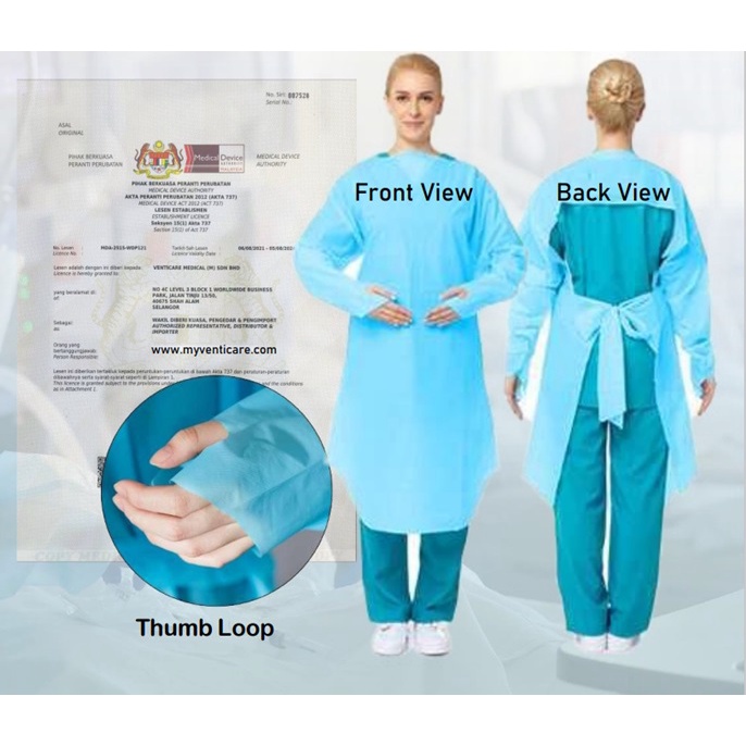 CPE Apron (10pcs/pack) 120cm x 203.5cm Thickness 0.1mm Blue Elastic Cuffs with Thumbs Loops