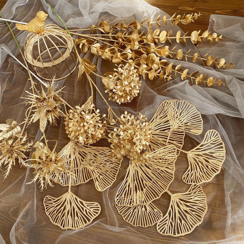 Artificial Flower Eucalyptus Golden Ginkgo Leaf Gold Artificial Plant Red Fruit Floral Decoration Home Decor Fake Plant