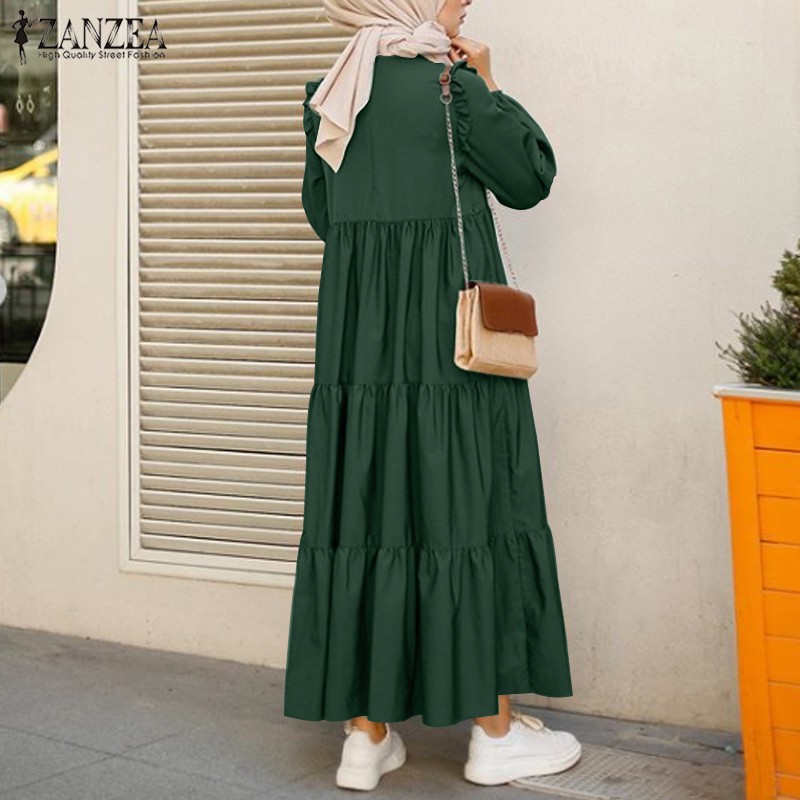 ZANZEA Women Long Sleeve Ruffled Casual Tiered Layered Muslim Long Dress #4