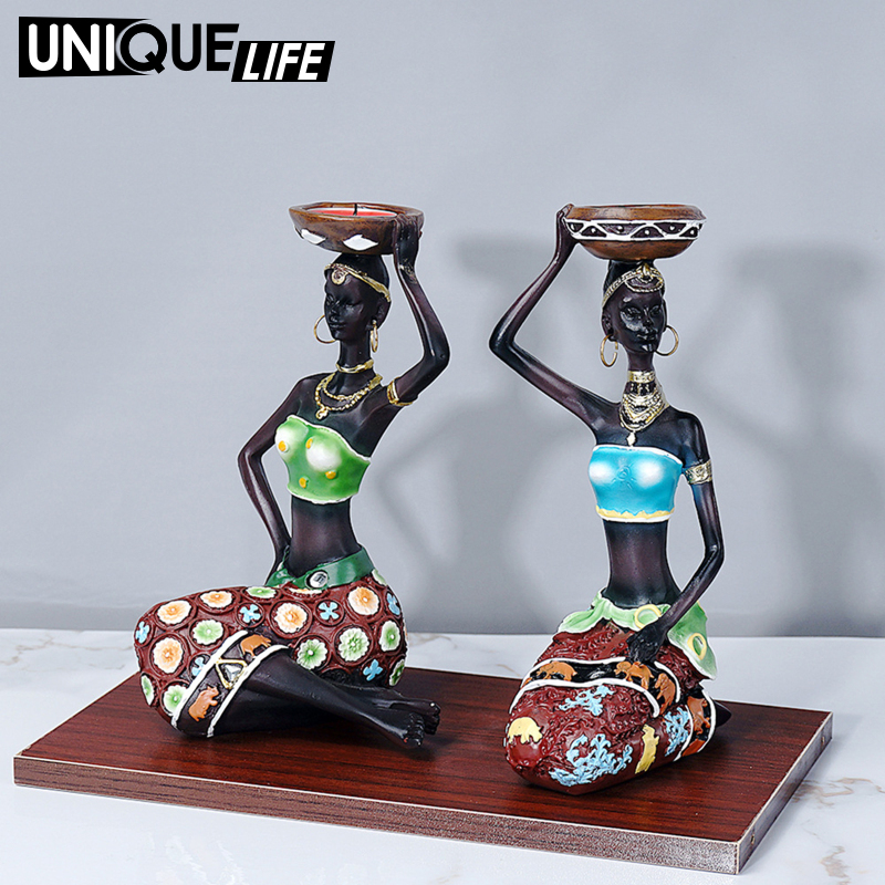 [ 2Pcs African Candle Holder Tribal Lady Statue Candleholder Resin Craft Gift