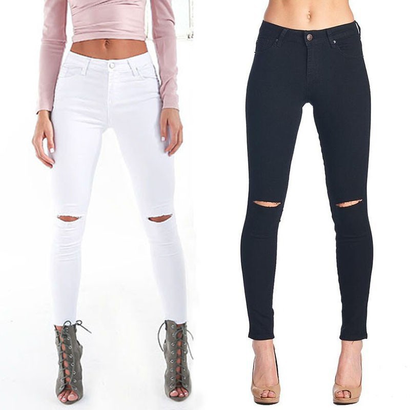 high waisted black knee cut jeans