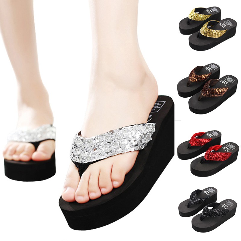 Ms. Large size Flip-flops Thick-soled sequins Slippers Beach Non-slip ...