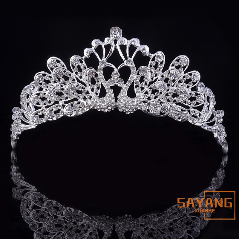 Silver Plated Crystal Rhinestone Swan Tiara Bridal Wedding Prom