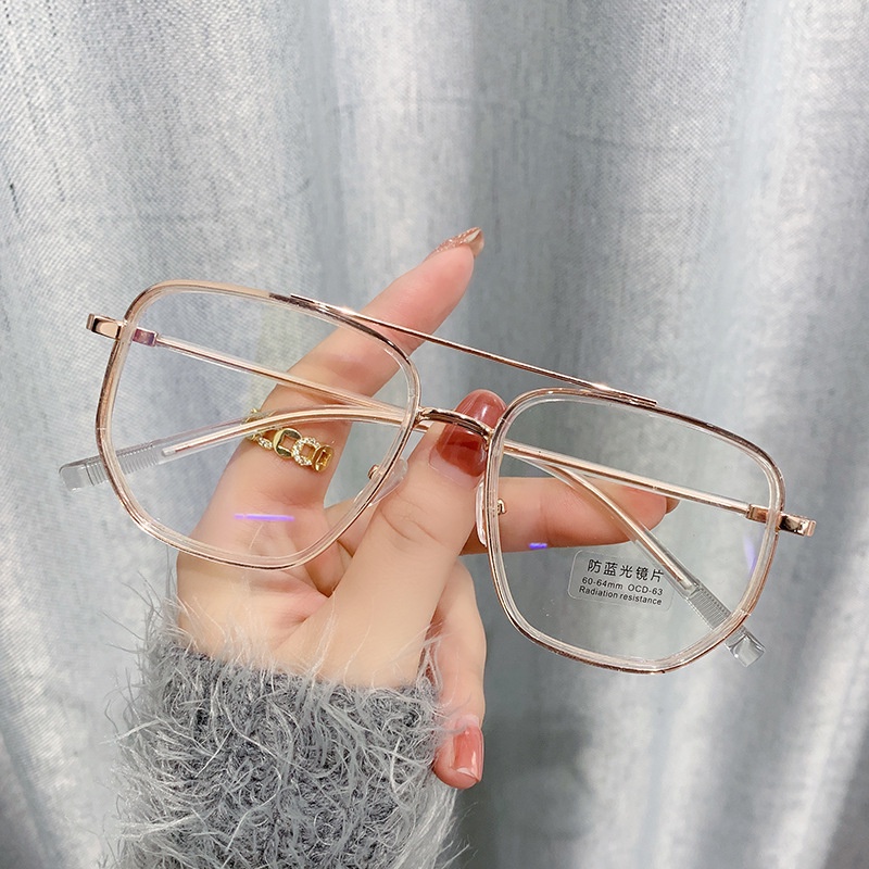 New Style Anti-Blue-Ray Flat Mirror Men Women Retro Polygonal Double Beam Glasses Influencer Can Be Equipped