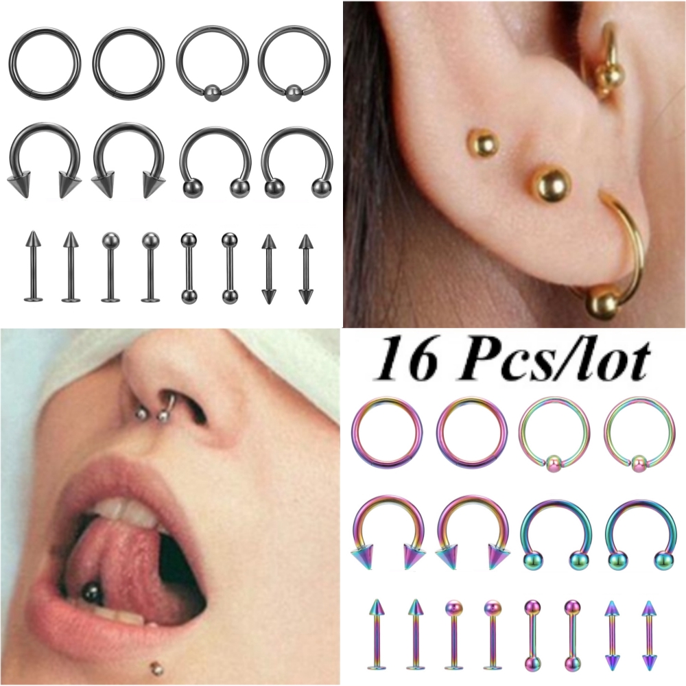 16 Pcs Body Piercing Kit Stainless Steel Lip Eyebrow Piercings Anti