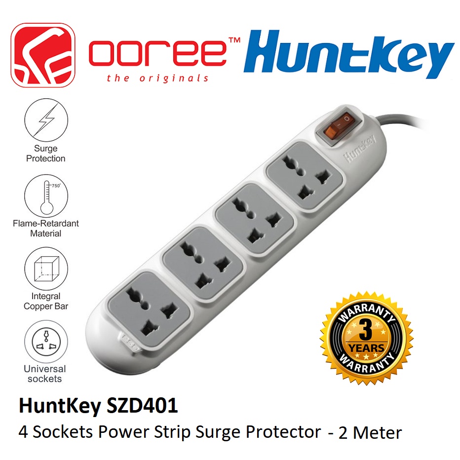 HUNTKEY SZD4013 POWER STRIP SURGE PROTECTOR 4 PLUGS 2 METER EXTENSION