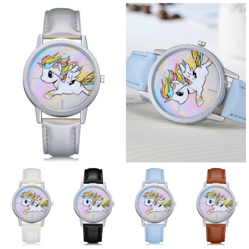 Table Jam  Tangan  Alloy Case PU Leather Girl Watch Unicorn  