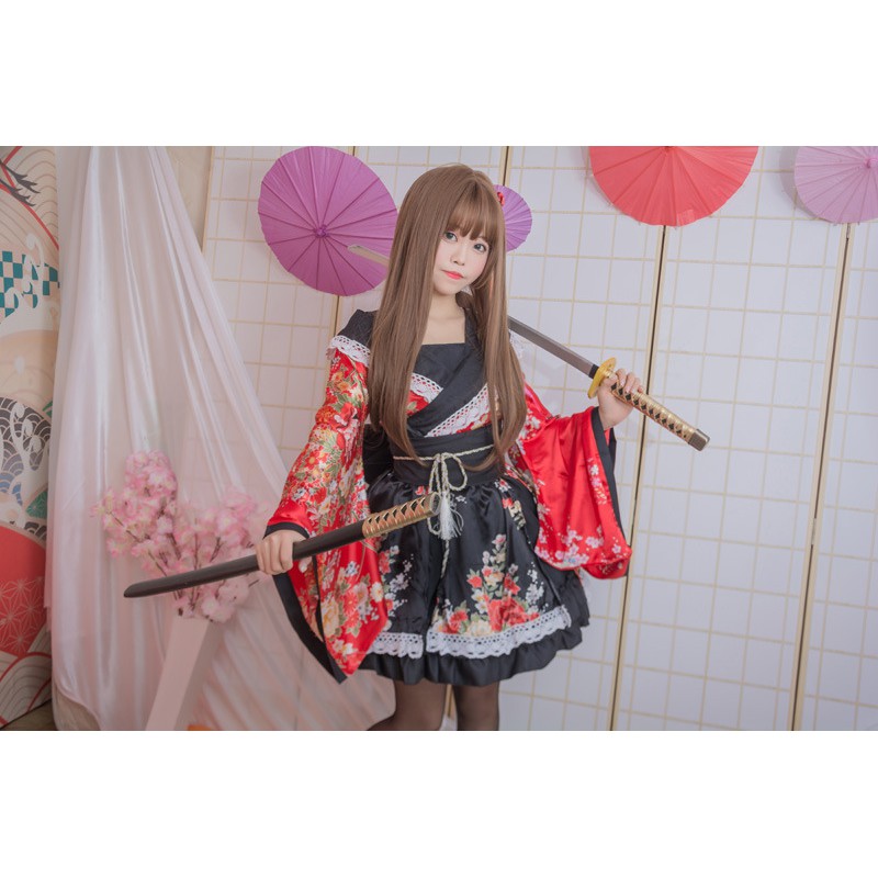 women's japanese kimono costume floral print wa lolita kimono maid dress  short skirt anime cosplay outfit