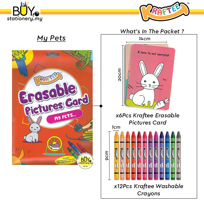 Kraftee Erasable Colouring Pictures Card + Washable Crayon for Kids Set -(SET) [Spend RM70for Free Gift] Book Buku Warna