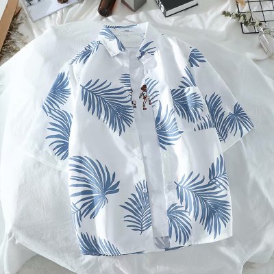 Men Clothing Shop Loose Tropical Leaves Short Sleeve Shirt