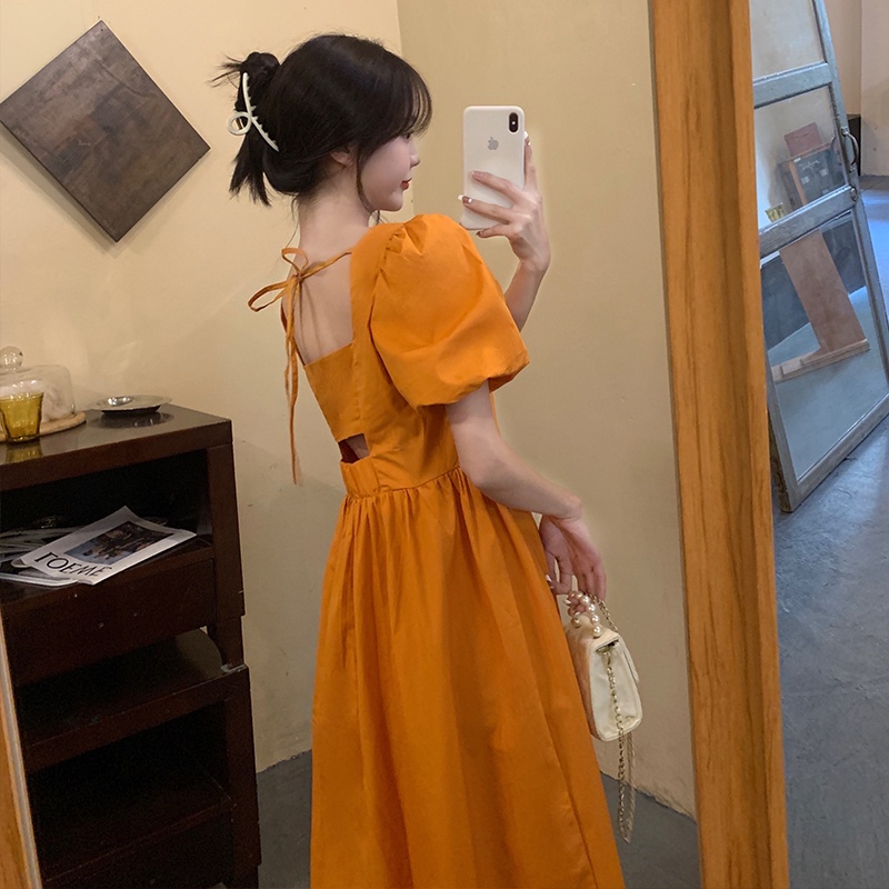 Summer Women's Short Sleeve Open Back Slim Fit Solid Color Square Neck Puff Sleeve Midi Dresses