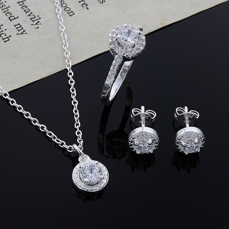 【HW】Womens 925 Silver Plated Crystal Necklace Earring Ring Set Jewelry