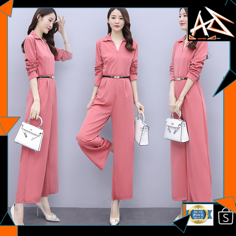MALAYSIA UP📣(AZWAR SHOP)  Long-sleeved (With Mini Belt)   Turndown Collar Slim Elegant Drape Wide-leg Pants Jumpsuit