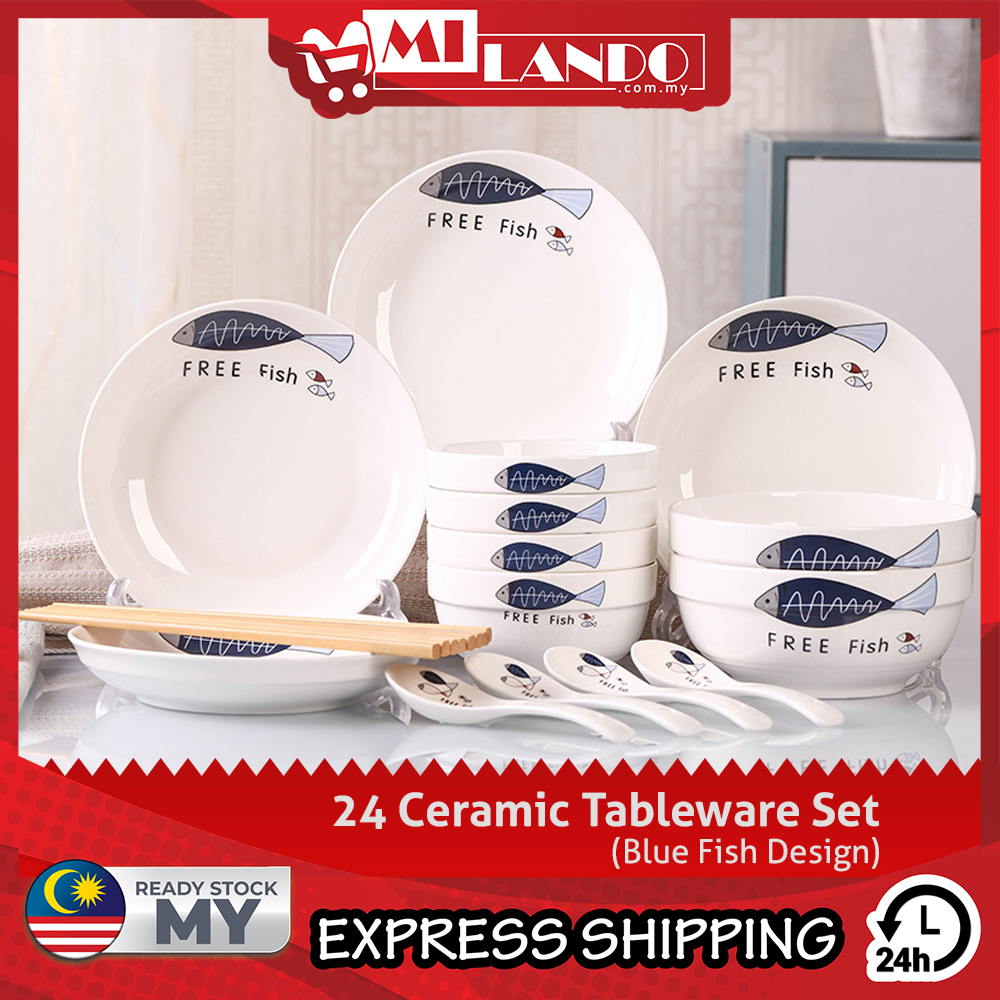 (24 pcs) MILANDO Ceramic Tableware Set Dinnerware Set Dish Plate Gift Set Pinggang Hadiah  (Type 7)
